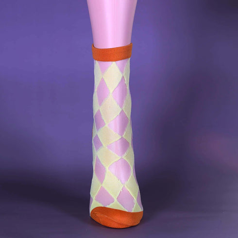 Sheer Yellow and Orange Argyle Ankle Intarsia Socks
